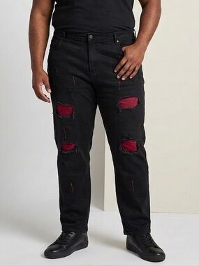 Black stretchy jeans with red underlay. NWOT